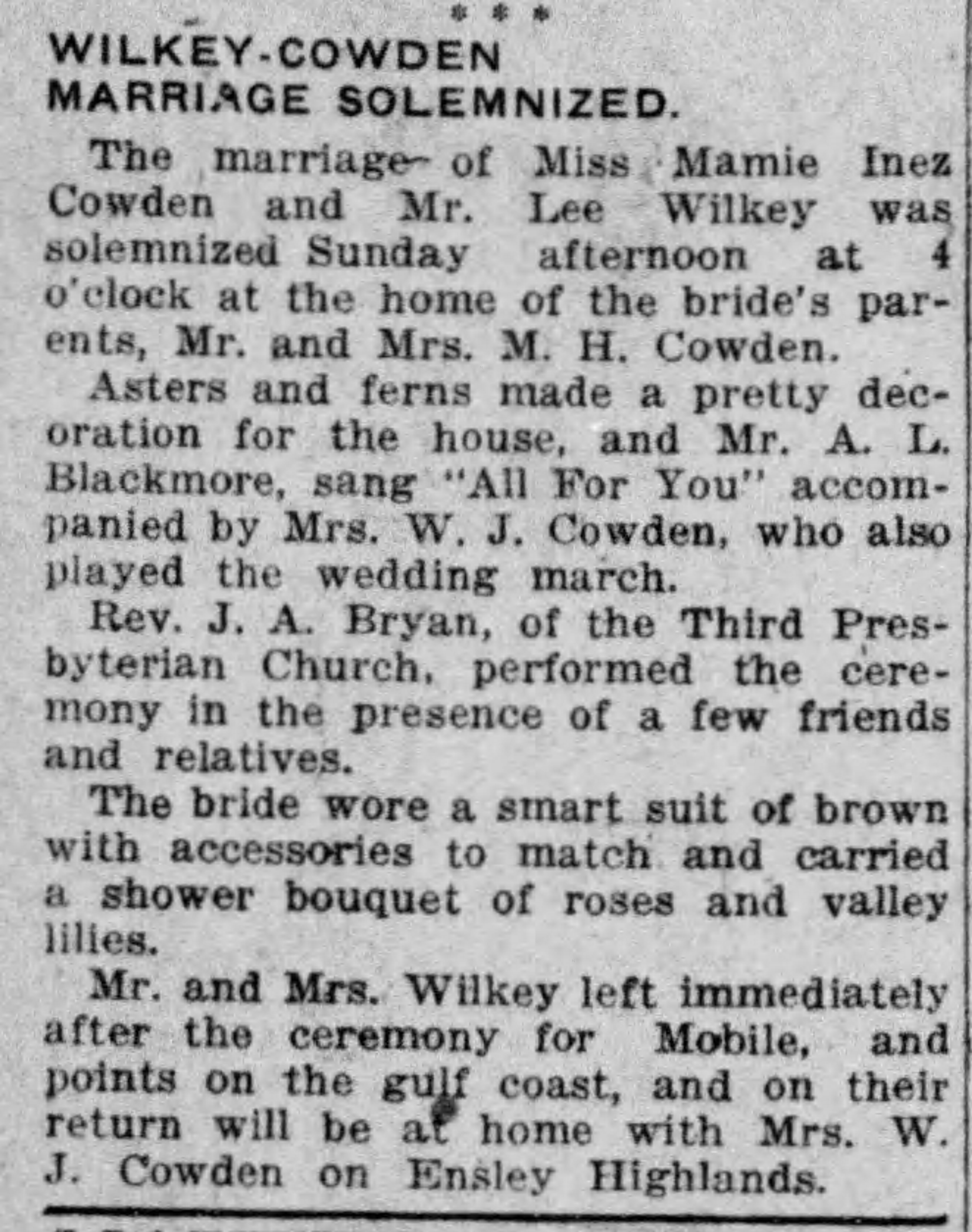 Mamie Inez Cowden-Lee Wilkey